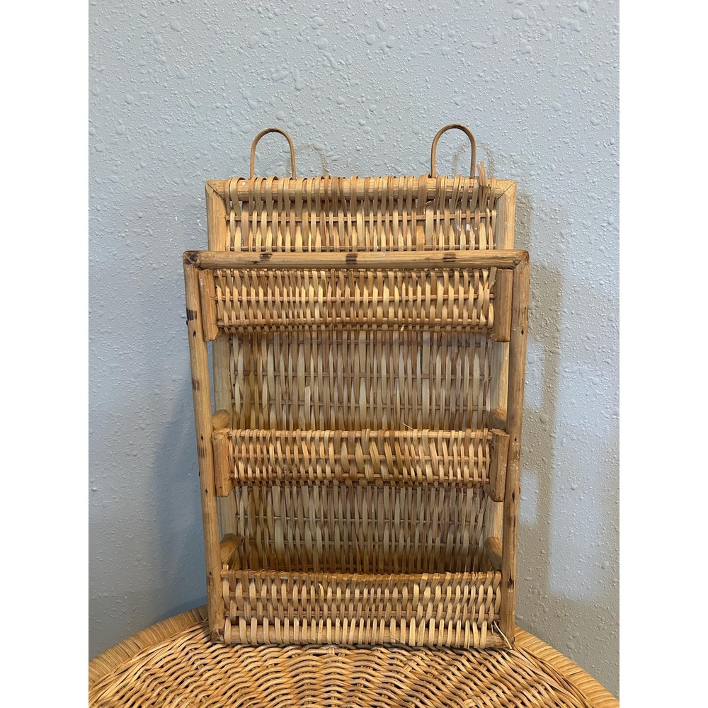 Vintage Rattan Wicker Small Wall Shelf 3 Tier Spice Rack Makeup Organizer